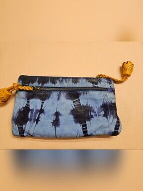 Blue Tie-Dye Wristlet Clutch with Yellow Braided Tassel